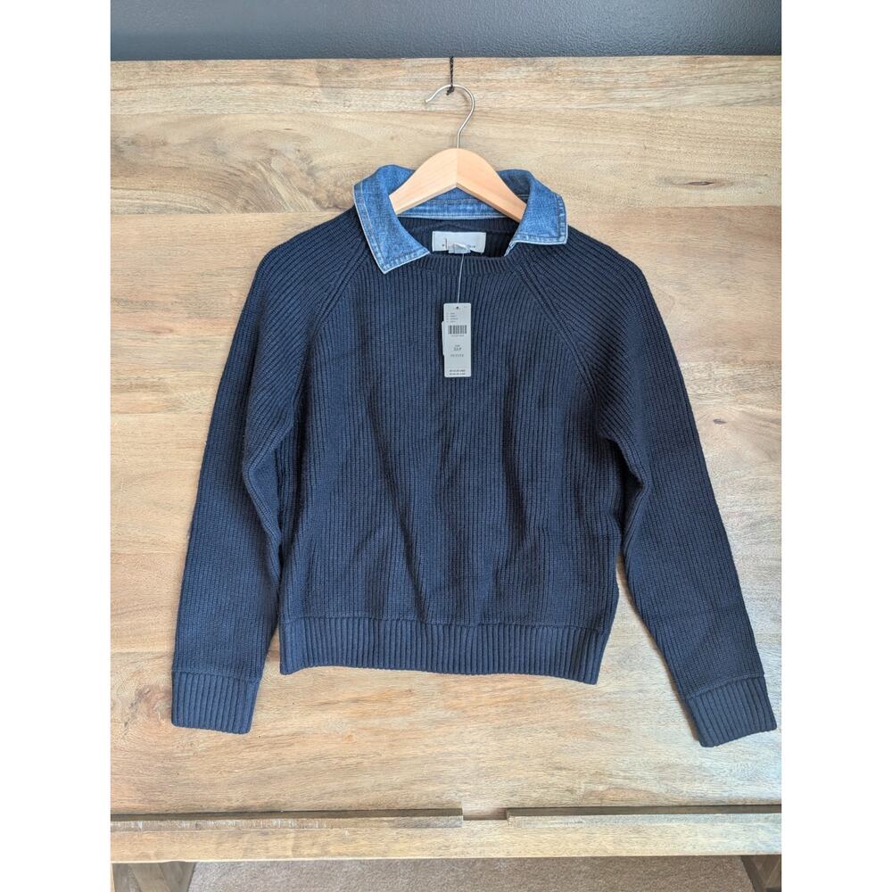 Anthropologie Sweater Womens XSP Navy Ribbed Knit Long Sleeve Denim Collar NWT